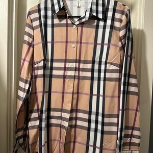 Beautiful Blouse, Tan with burgundy and black strips. Size XXL / 12-14